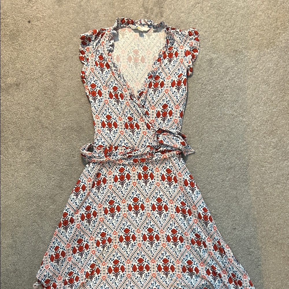 Boden Red and Blue Patterned Faux Wrap Dress